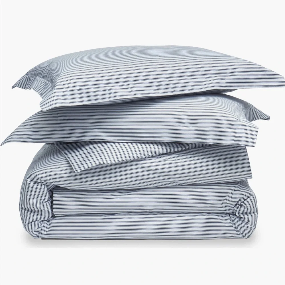 Petite Plume NWT French Ticking Cotton Percale Duvet Cover & Shams Queen Size
